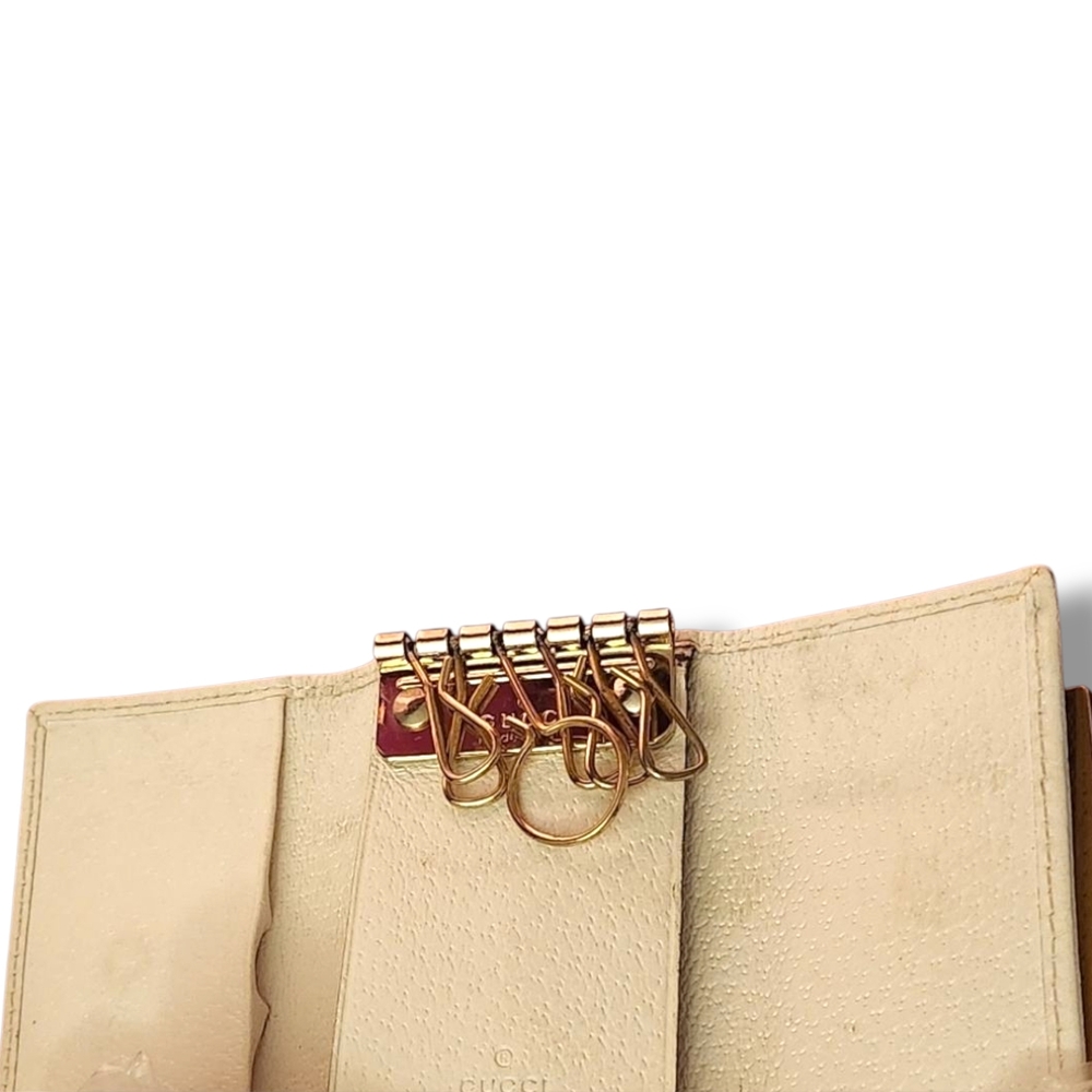 Gucci Signature GG Monogram Sherry Line Cream Red Pink Webbing 6 Key Card Holder - Picture 10 of 14